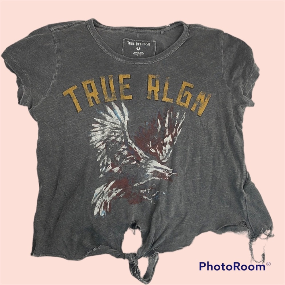 True Religion Crop T-Shirt Gray Distressed